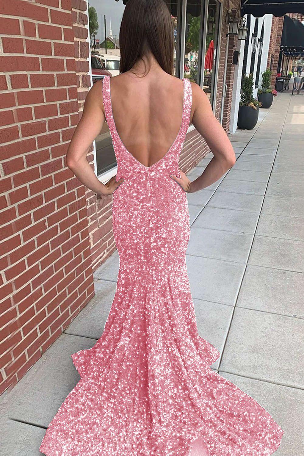 Long Prom Dress with Sequins in Mermaid Blue V-Neck
