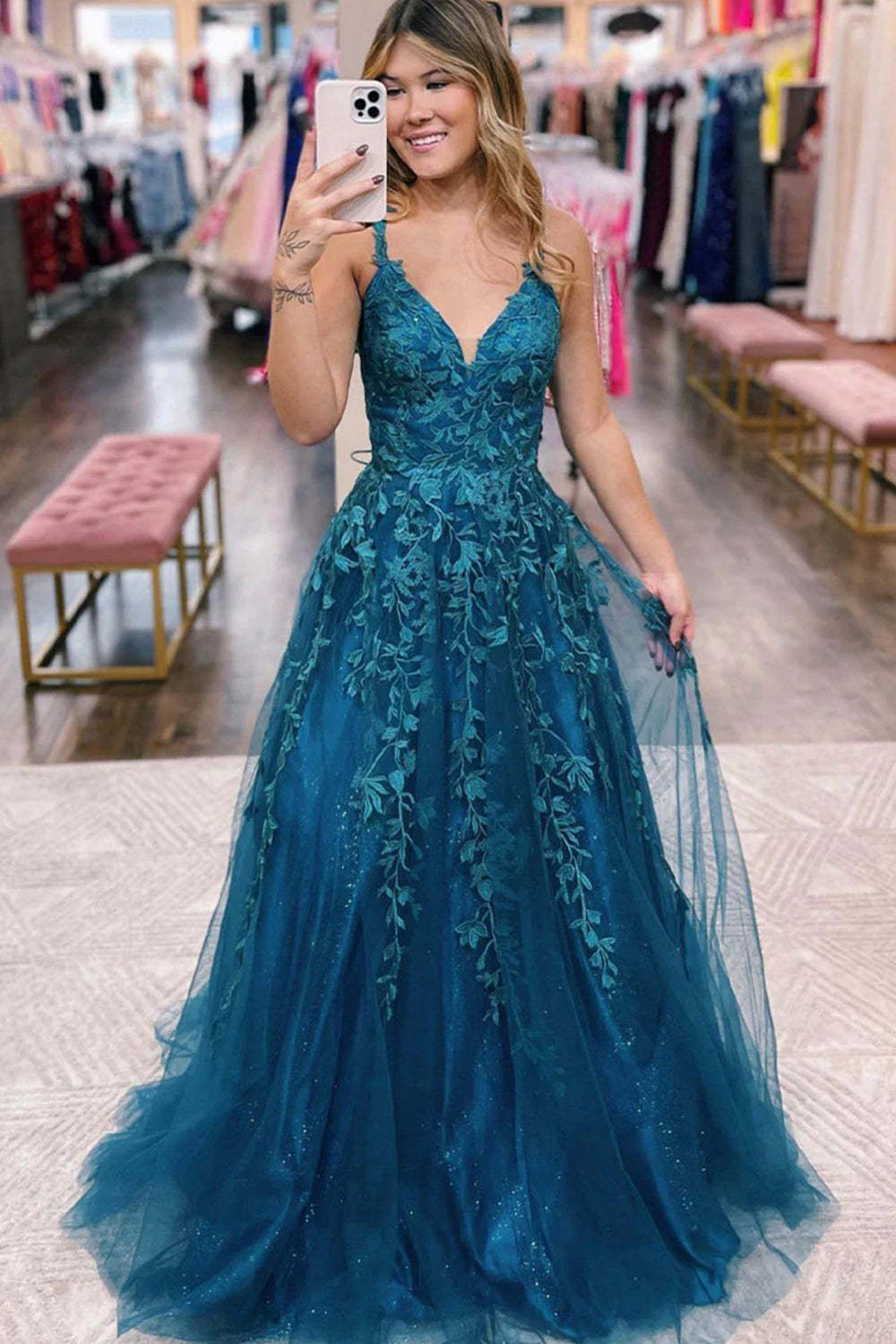Long Blue Glitter A-Line Prom Dress with Lace