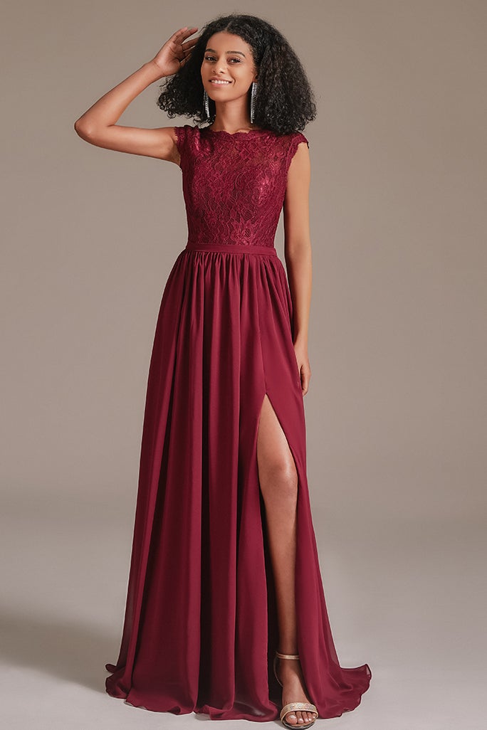Burgundy Cap Sleeves Bridesmaid Dress with Slit