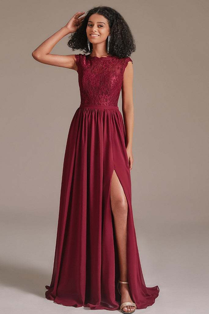 Burgundy Cap Sleeves Bridesmaid Dress with Slit