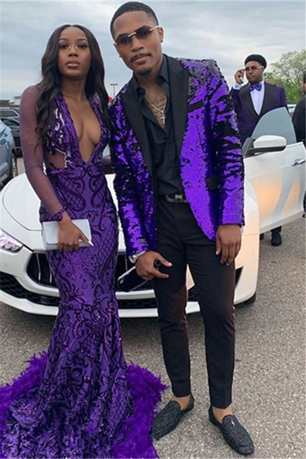 Fashion Purple Sequins Marriage Suit for Men with Two Pieces