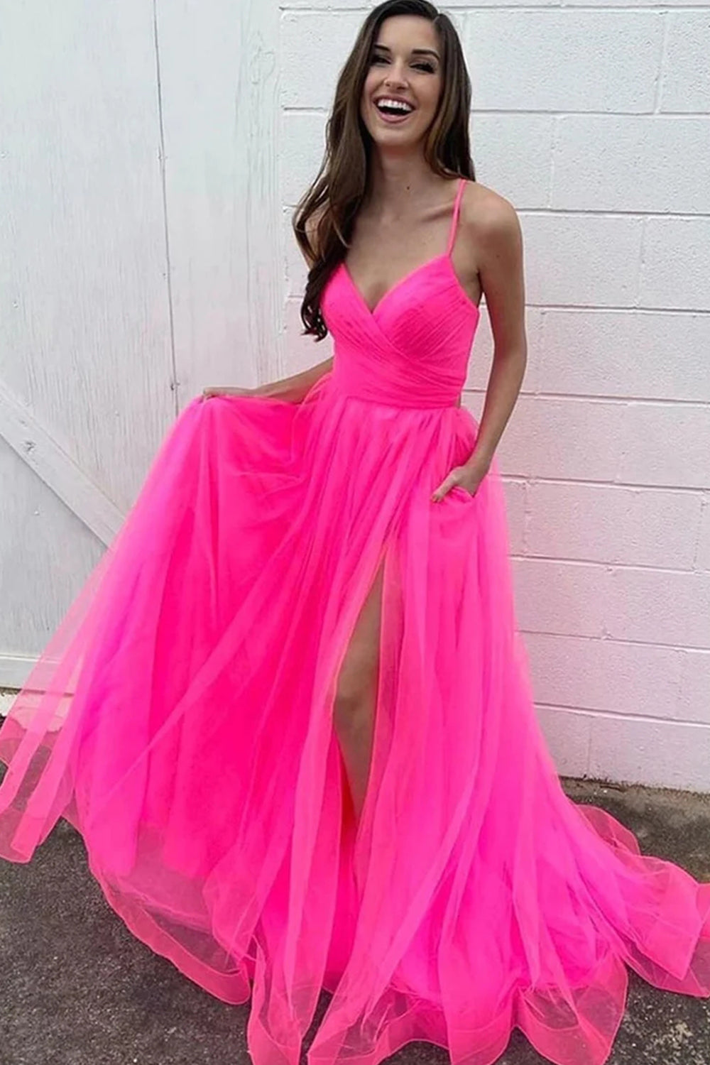 Long A-Line Prom Dress in Hot Pink Tulle Featuring Pockets