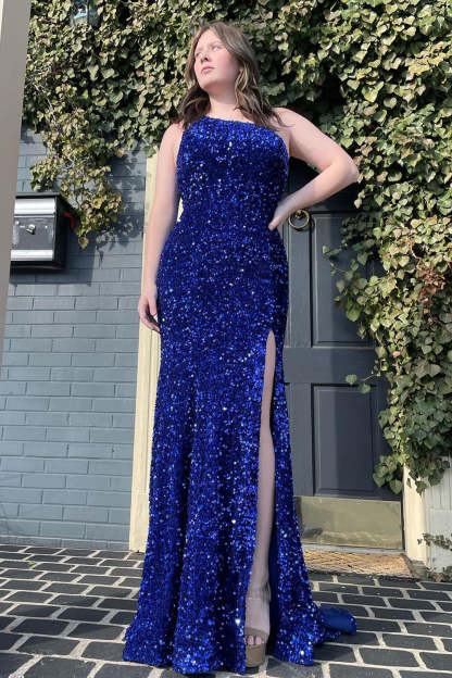 Fuchsia Sequined Mermaid Prom Dress with One Shoulder and Slit