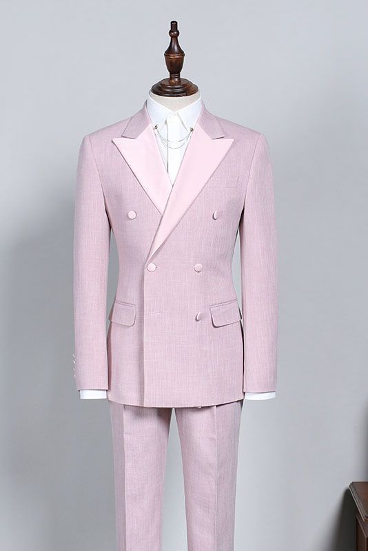 Newest Best-Fitted Pink Peaked Lapel Reception Suit for Guys with Double-Breasted