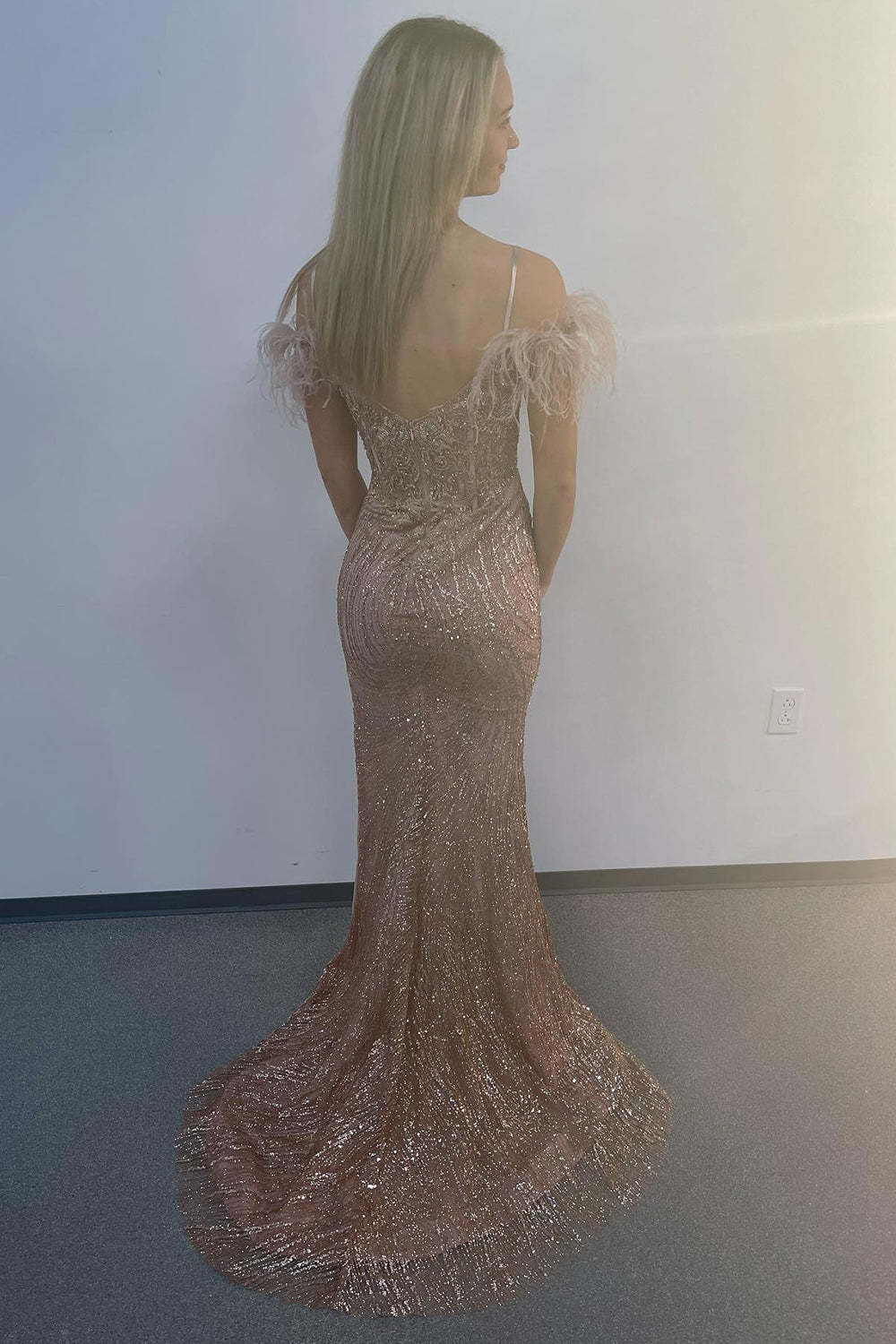 Mermaid Prom Dress with Lavender Appliques and Feathers