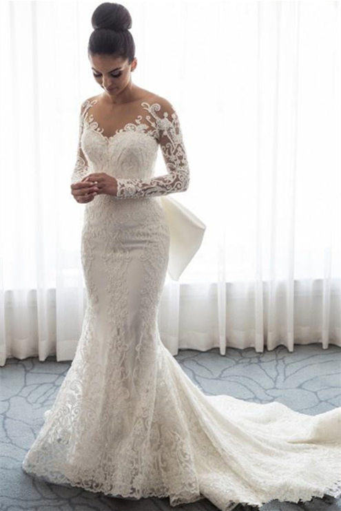Amazing Mermaid Long Sleeves Lace Wedding Dress Bowknot with Detachable Skirt