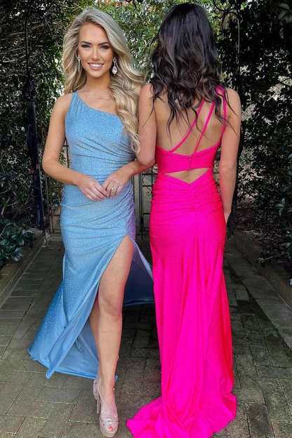 Long One-Shoulder Ruched Sheath Prom Dress in Hot Pink with a Slit