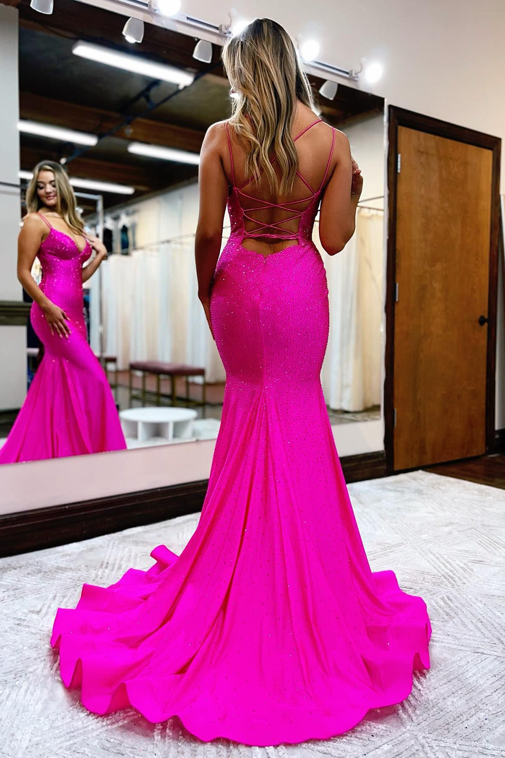 Prom Dress with Hot Pink Sequins and Spaghetti Straps