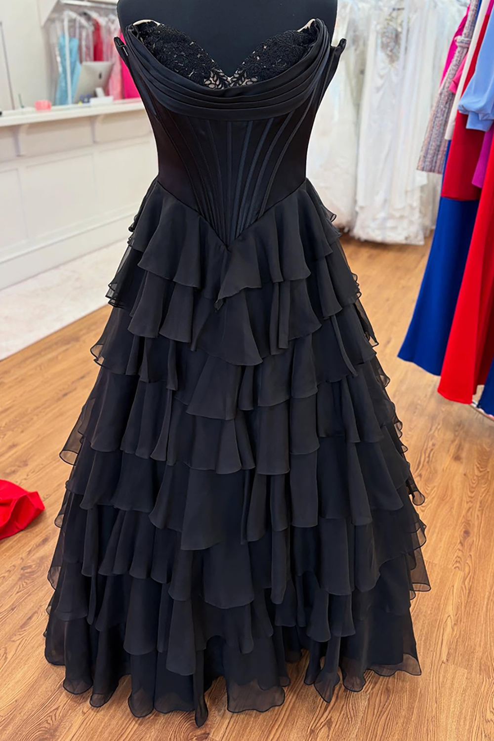 Black A-Line Long Chiffon Corset Prom Dress with Tiered Slit