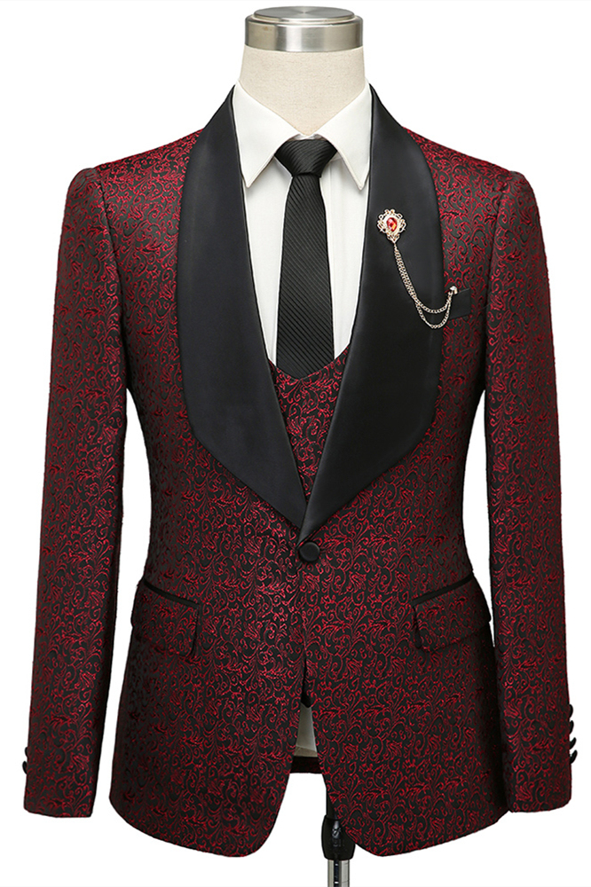 Unique Burgundy Shawl Lapel Jacquard One-Button Wedding Tuxedo