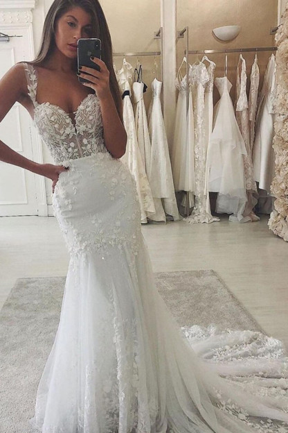 Spaghetti Straps Lace Mermaid Sweetheart Wedding Dress with Tulle Appliques