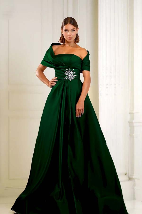 Off the Shoulder Sleeveless Long Formal Dress With Pleated Beading