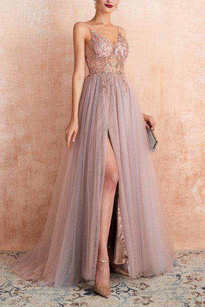 Long Blue Prom Dress with Spaghetti Straps and Slit