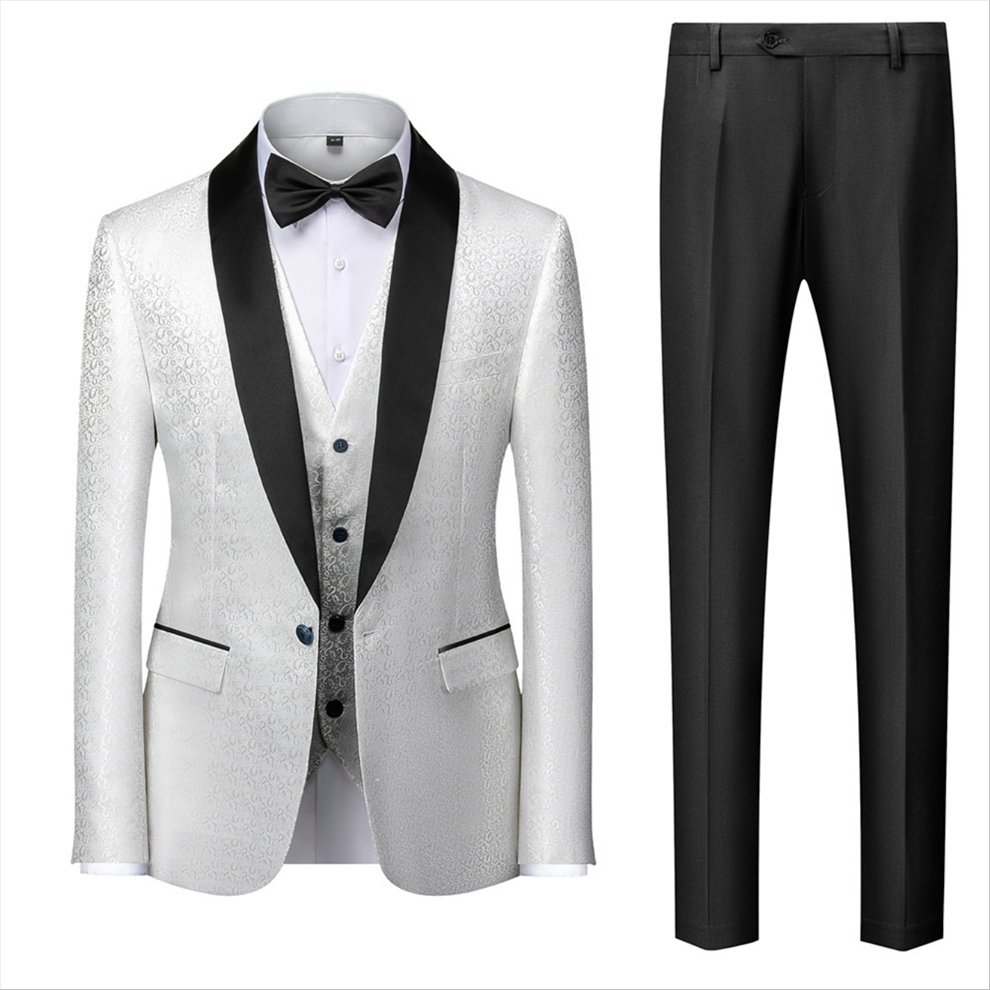 Popular Black and White Shawl Lapel Wedding Suit with Floral Jacquard
