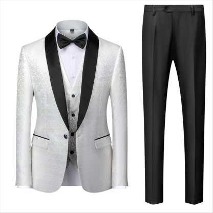 Popular Black and White Shawl Lapel Wedding Suit with Floral Jacquard