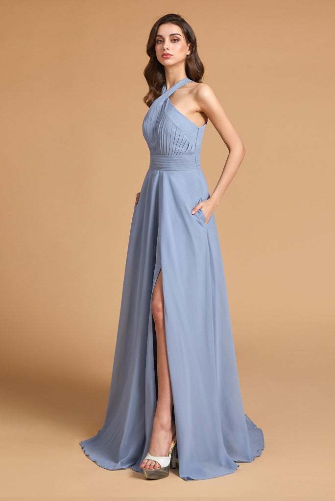Dusty Blue Split Halter Bridesmaid Dress with Pockets