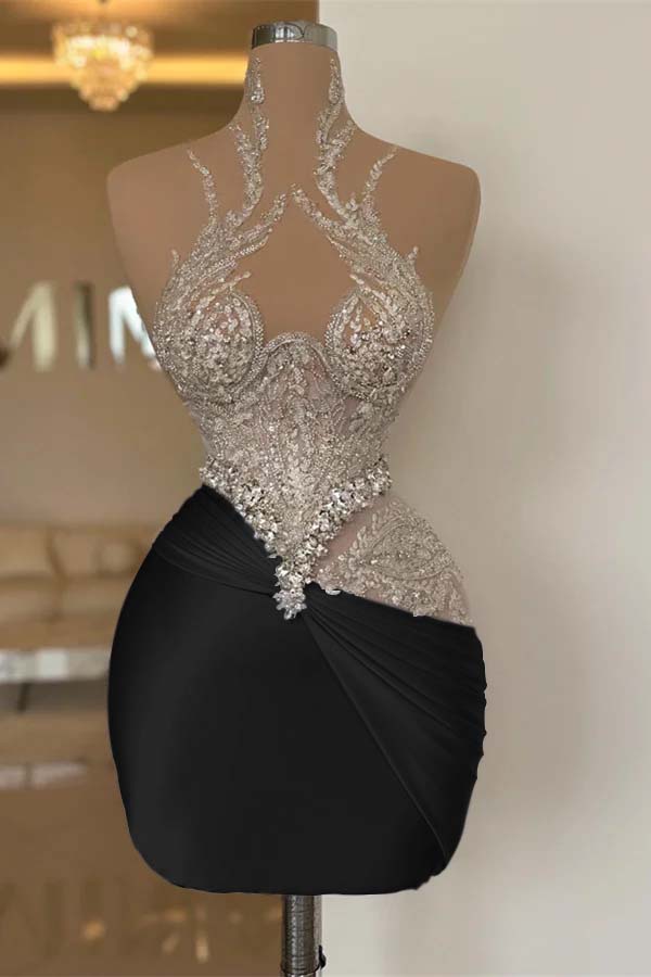 White High-Grade Exquisite Beaded Pleated Tights Short Mini cocktail Dress
