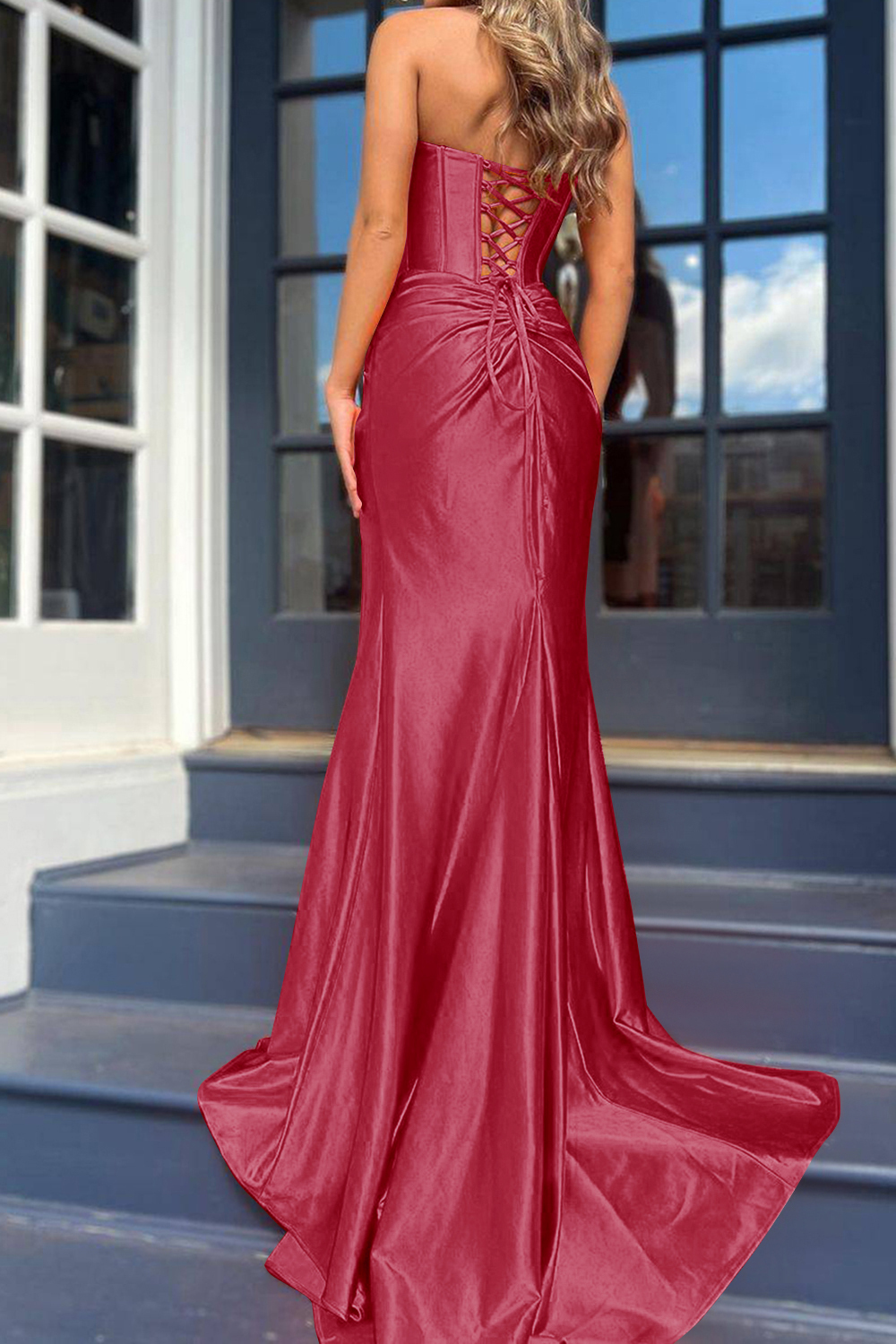 Orange Strapless Mermaid Prom Dress with Front Split and Corset