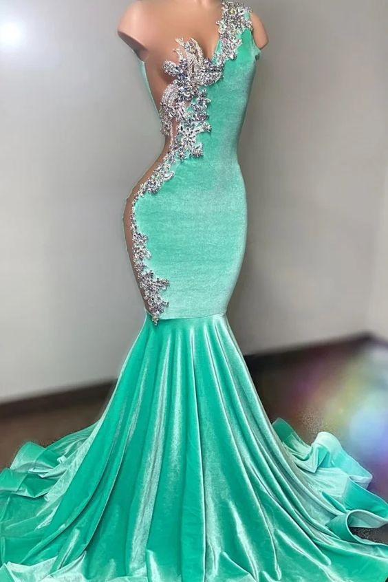 Light Blue One Shoulder Formal Dress Sliver Appliques With Trumpet