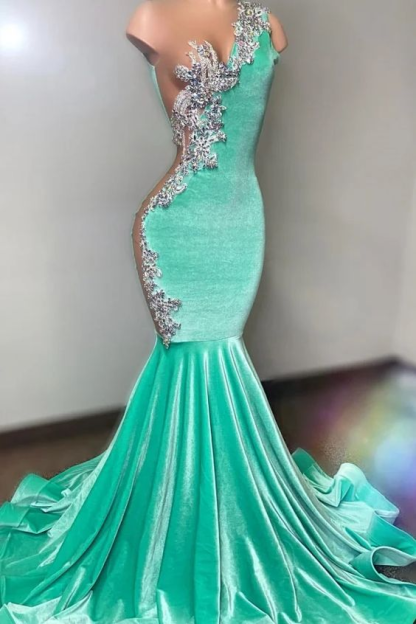 Light Blue One Shoulder Formal Dress Sliver Appliques With Trumpet