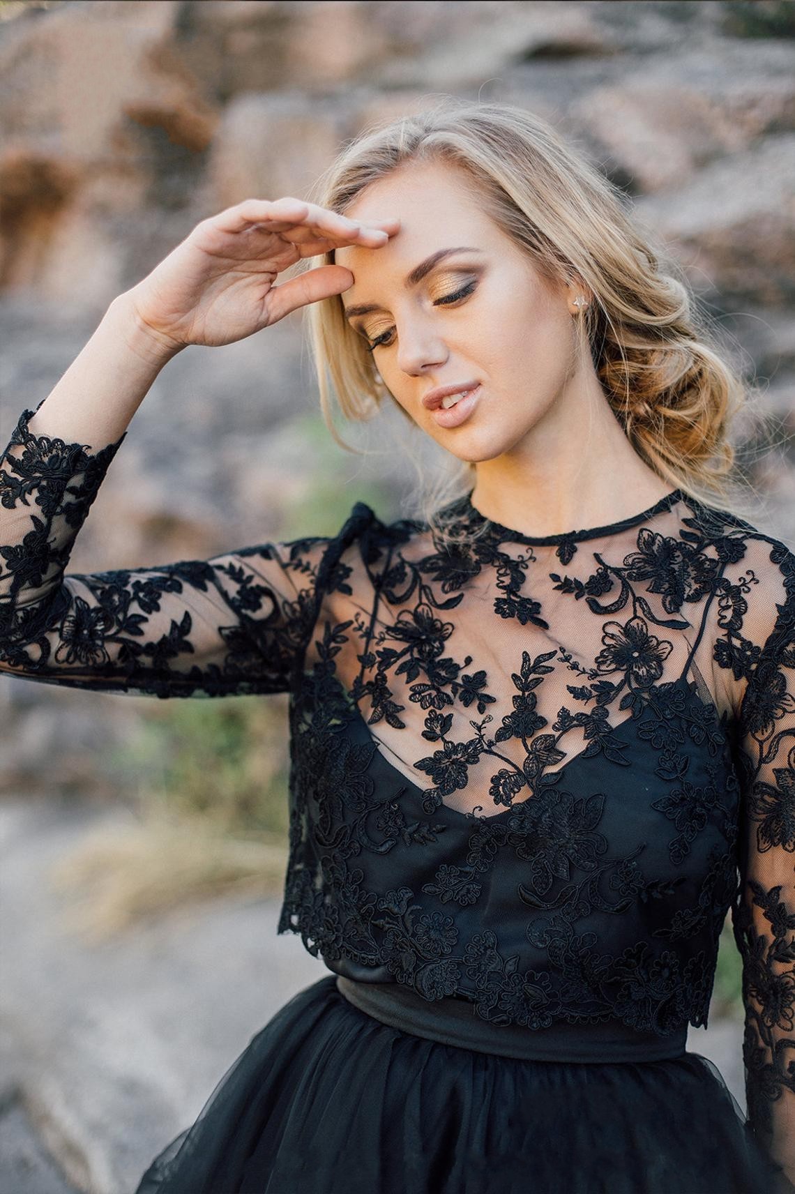 Unique Black Bateau Long Sleeves Ruffles A-Line Wedding Dress with Appliques Lace Tulle