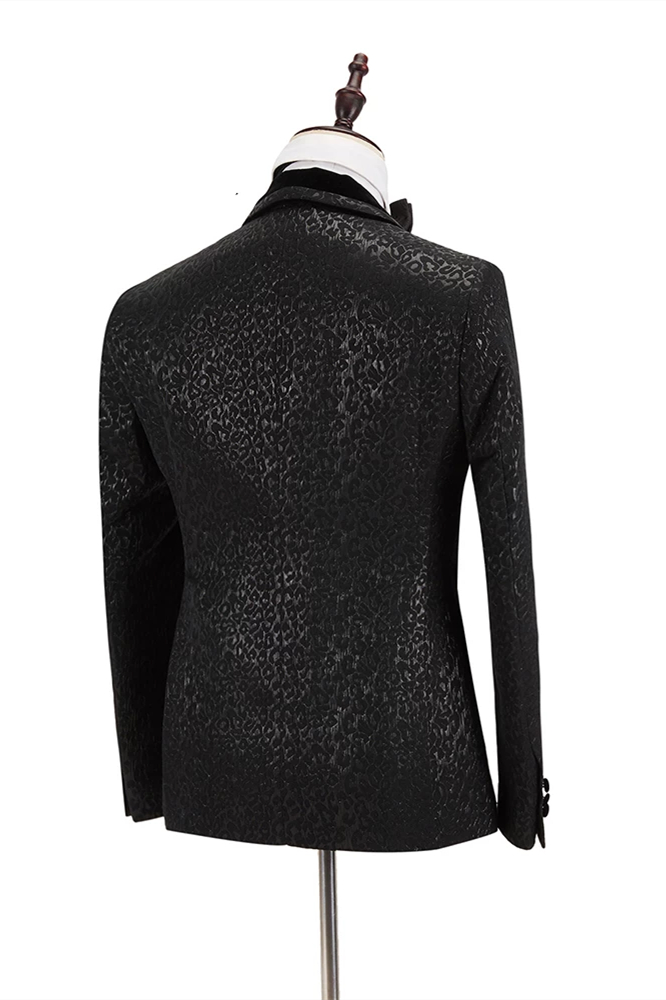 Stylish Velvet Lapel Double-Breasted Prom Suit Belt Leopard Black Jacquard Men's Suit for Wedding