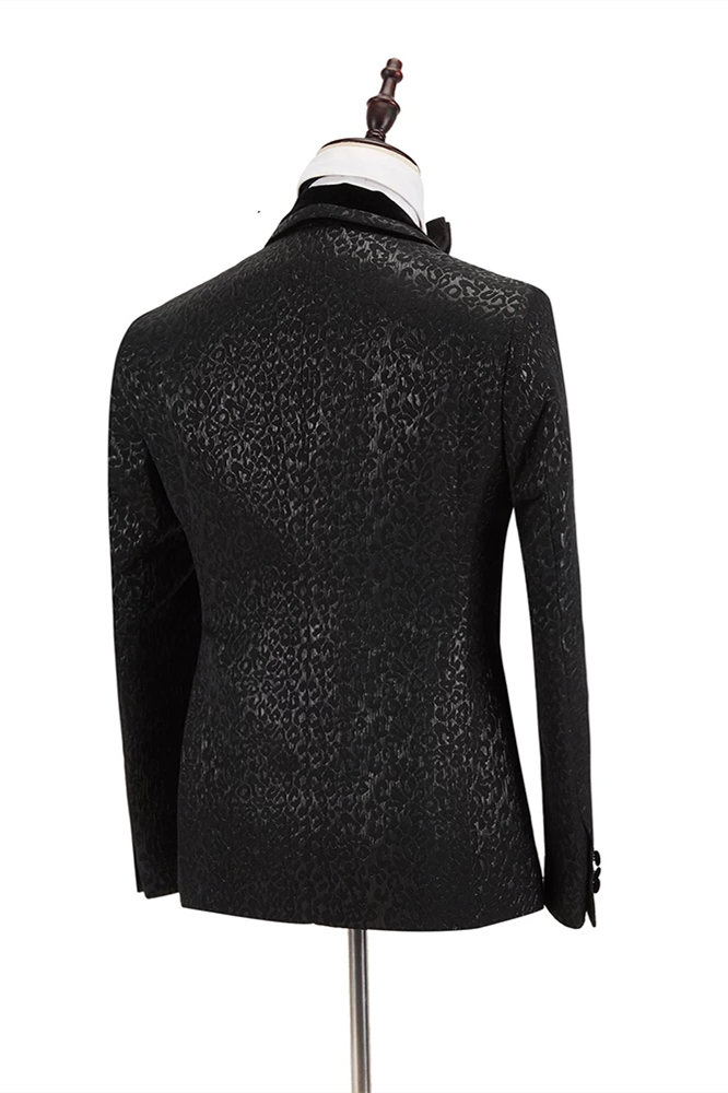 Stylish Velvet Lapel Double-Breasted Prom Suit Belt Leopard Black Jacquard Men's Suit for Wedding