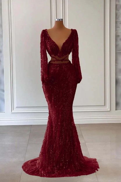 Light Green Long Sleeves V-Neck Evening Dress Mermaid With Sequins Beads