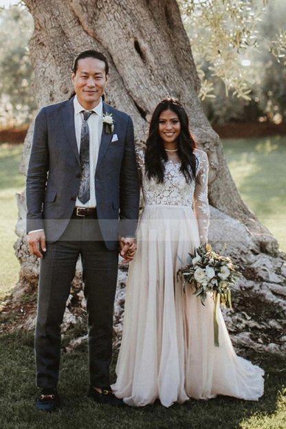 Stylish Lace Long Sleeves Scoop Sweep Train A-Line Wedding Dress