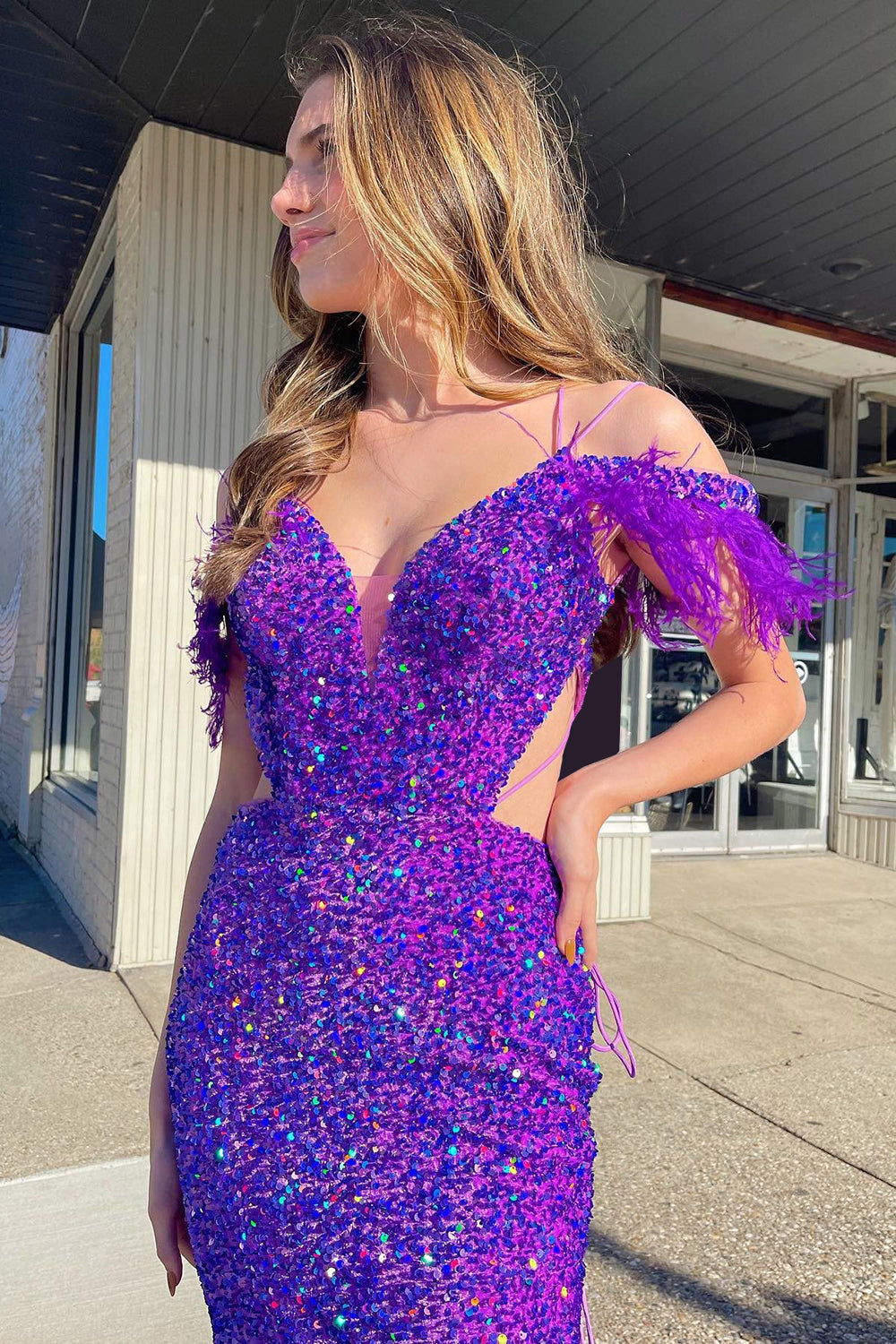Purple Sequined Mermaid Prom Dress with Feathers and Off-Shoulder Cut-Out