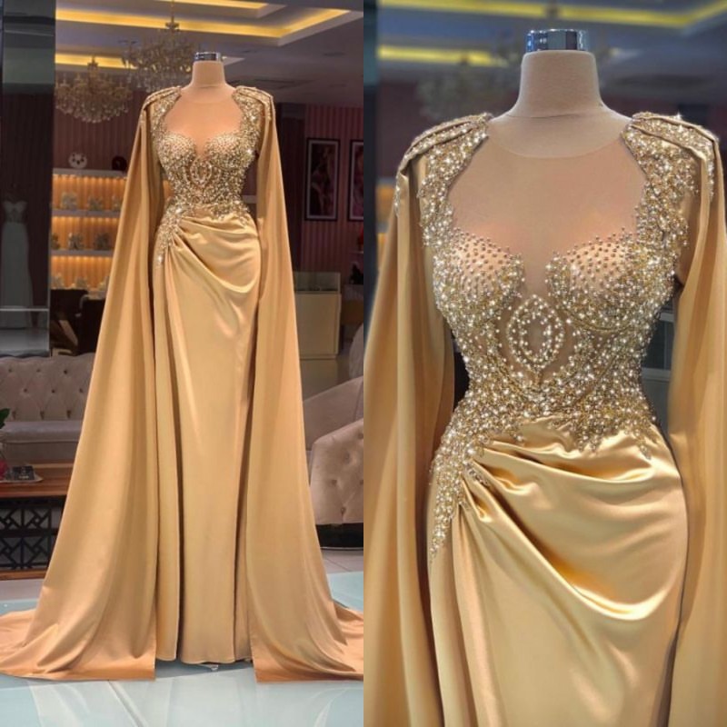 Elegant Champagne Gold Long Sleeves Beading Embroidery Long Prom Dress