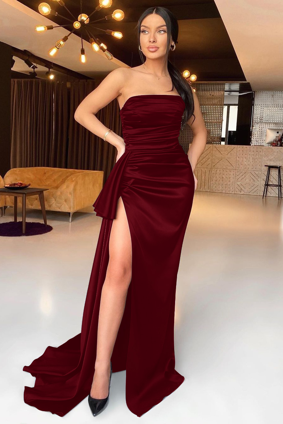 Black Mermaid Strapless Evening Dress With Split