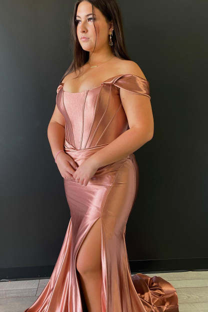 Long Off-the-Shoulder Black Prom Dress with Corset and Slit