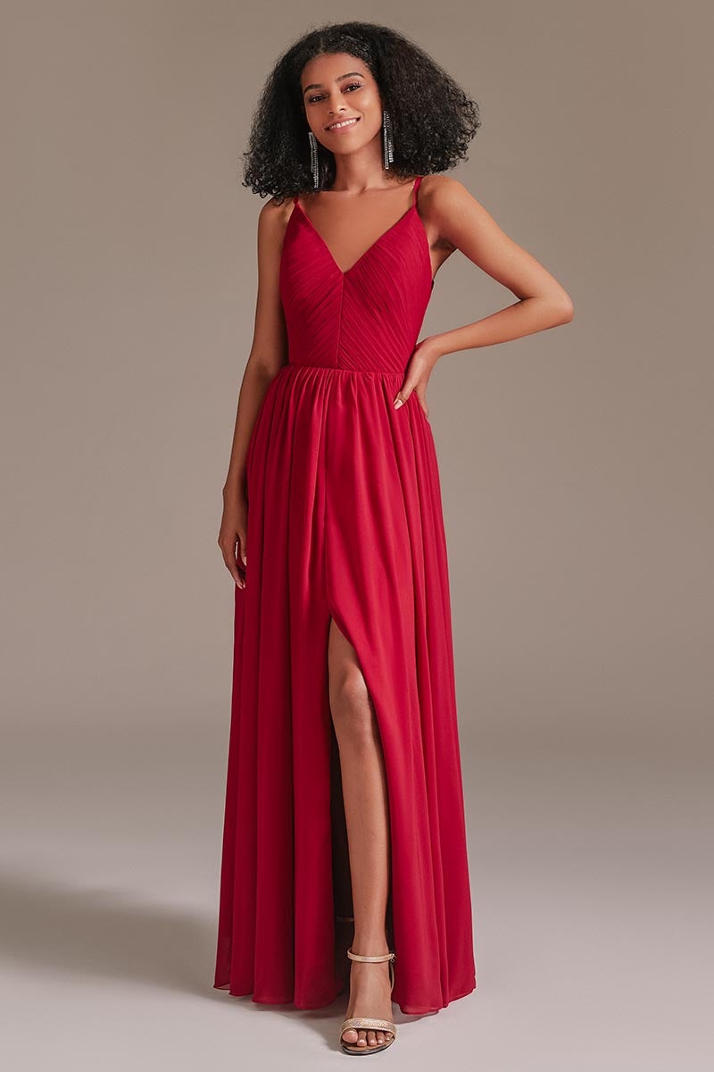 V-Neck Red Bridesmaid Dress with Split