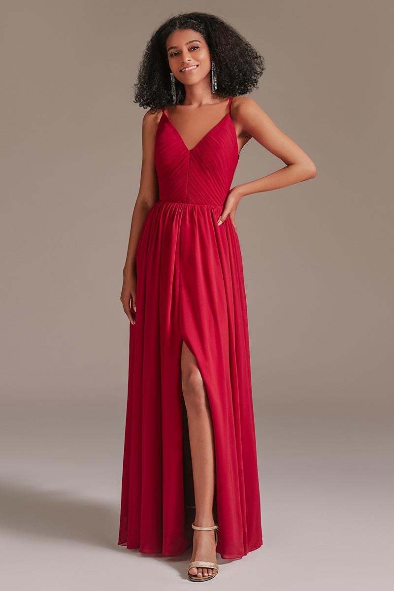 V-Neck Red Bridesmaid Dress with Split
