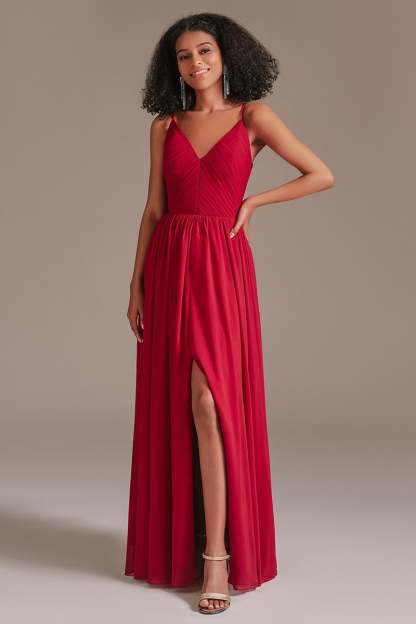 V-Neck Red Bridesmaid Dress with Split