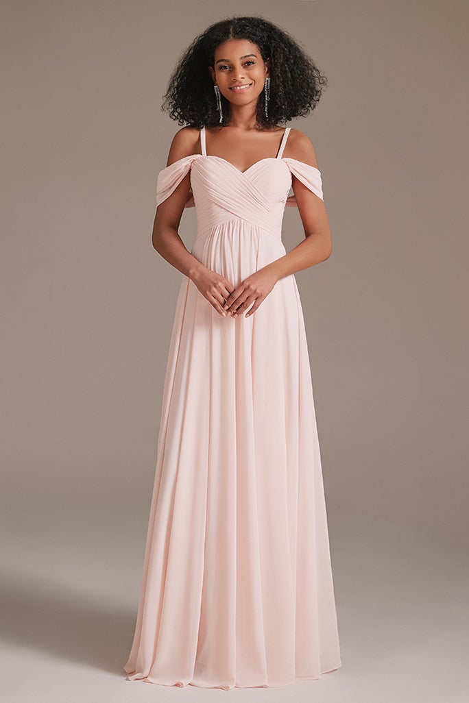 Blushing Pink Chiffon Off-the-Shoulder Bridesmaid Dress