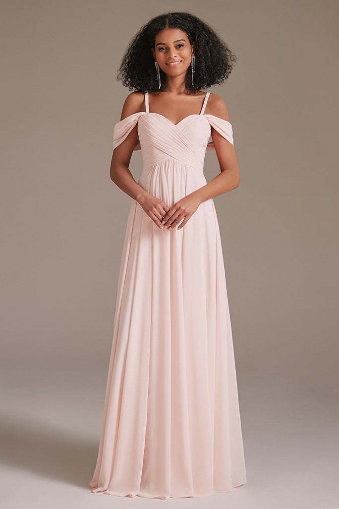 Blushing Pink Chiffon Off-the-Shoulder Bridesmaid Dress