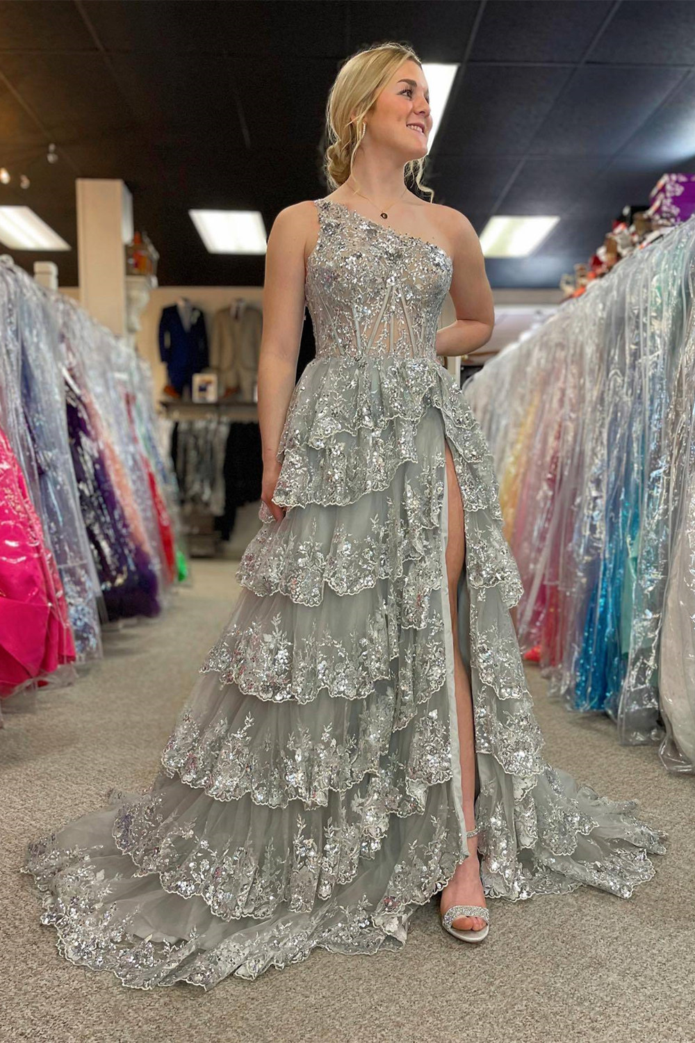 Light Purple Long Prom Dress with One Shoulder and Lace Ruffles in A-Line Princess Style