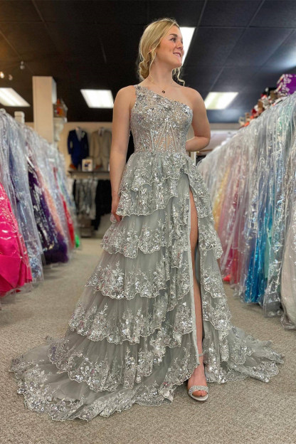 Light Purple Long Prom Dress with One Shoulder and Lace Ruffles in A-Line Princess Style