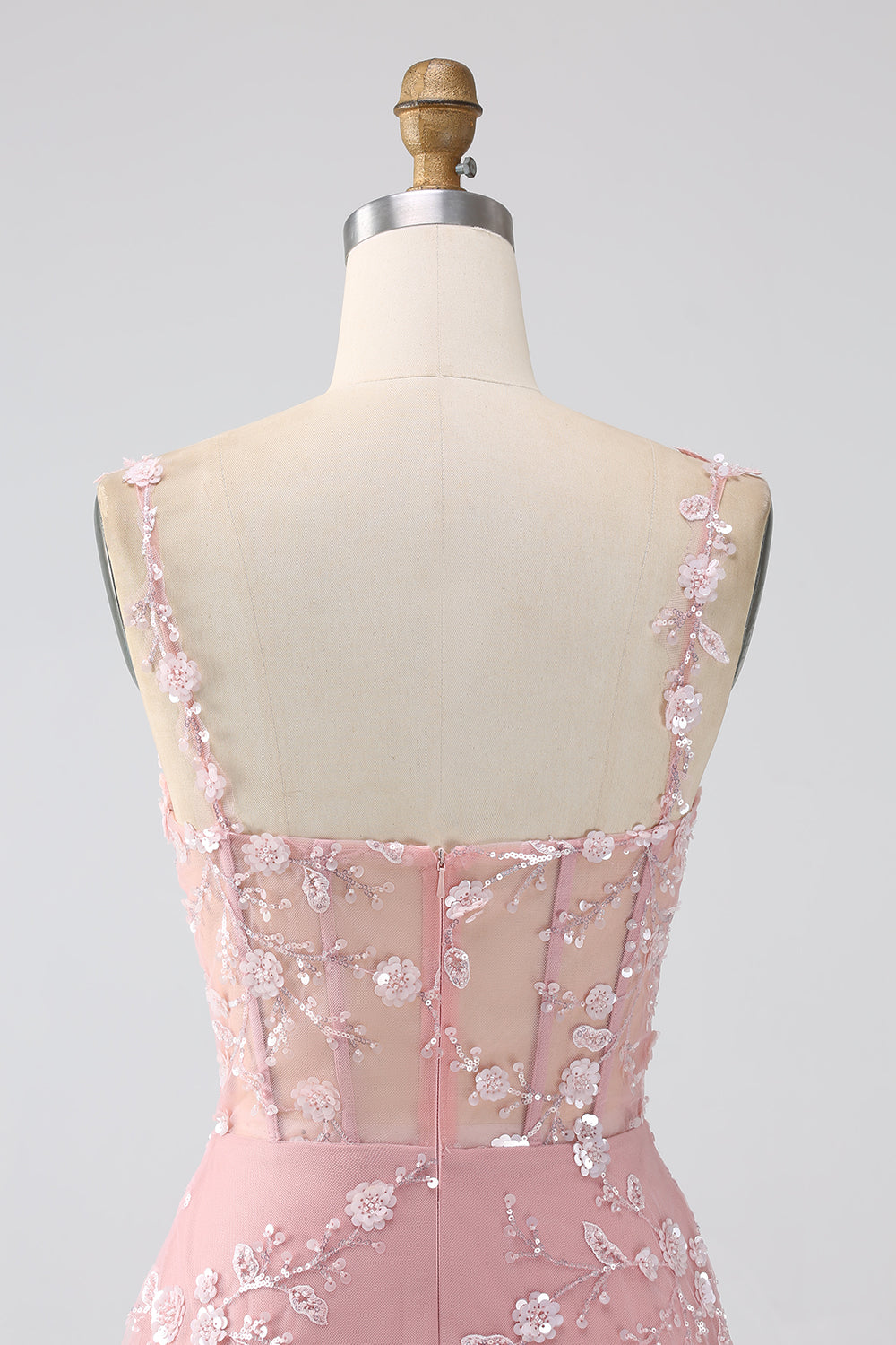 Long Corset Prom Dress in Blush with A-Line Silhouette and Spaghetti Straps Adorned with Appliques