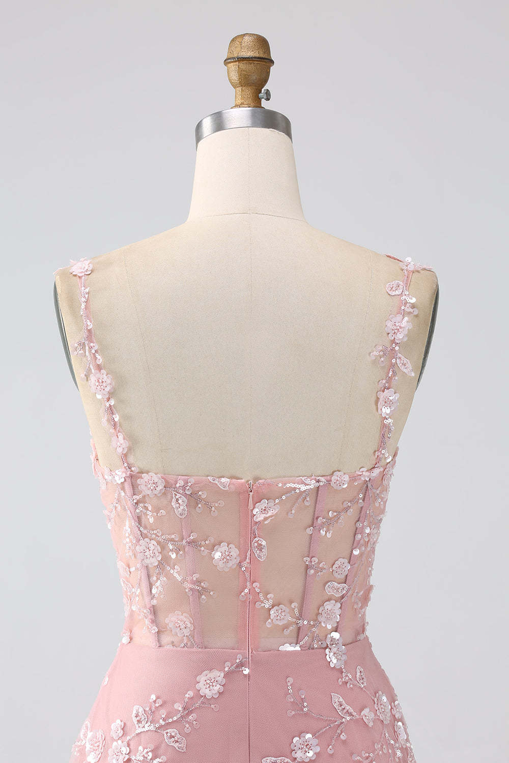 Long Corset Prom Dress in Blush with A-Line Silhouette and Spaghetti Straps Adorned with Appliques