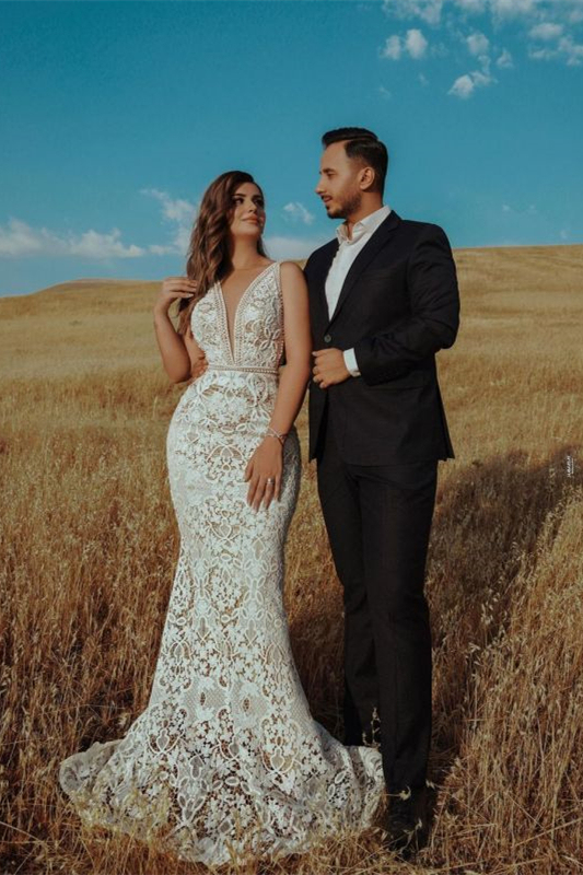Mermaid V-Neck Empire Wedding Dress with Lace Beadings
