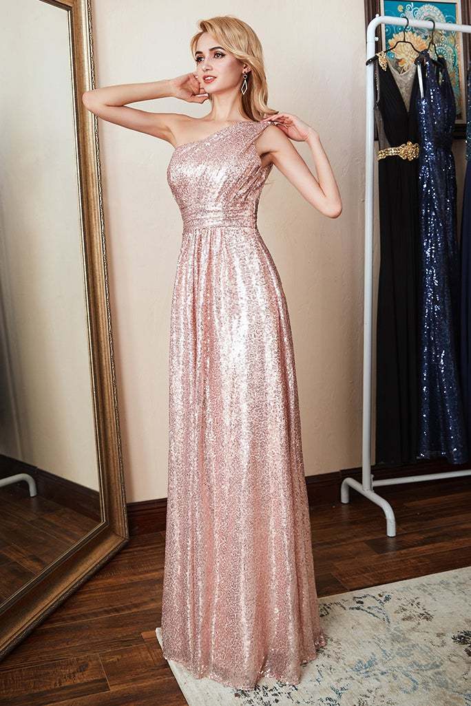 One Shoulder Sequins Bridesmaid Dress Long