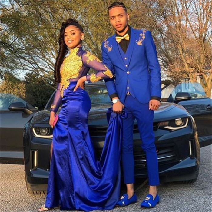 Royal Blue Three-Piece Casual Suit for Groom with Appliques