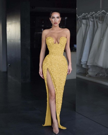 Strapless Sleeveless Long Mermaid Split Formal Dress With Sequins