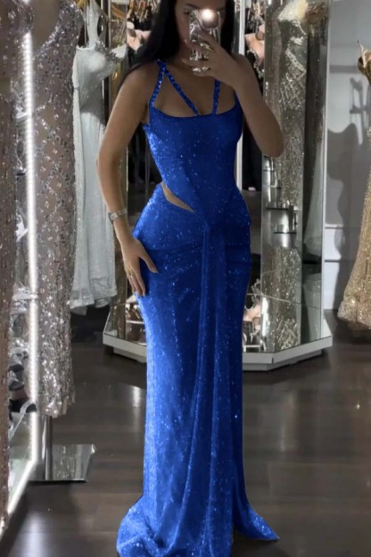 Straps Sleeveless Long Mermaid Formal Dress With Sequins Pleated