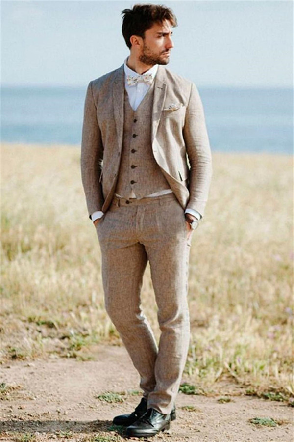 Classic Khaki Linen Summer Beach Men's Suits Three-Piece Groom Wedding Tuxedos