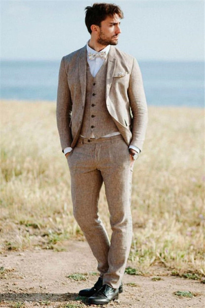 Classic Khaki Linen Summer Beach Men's Suits Three-Piece Groom Wedding Tuxedos