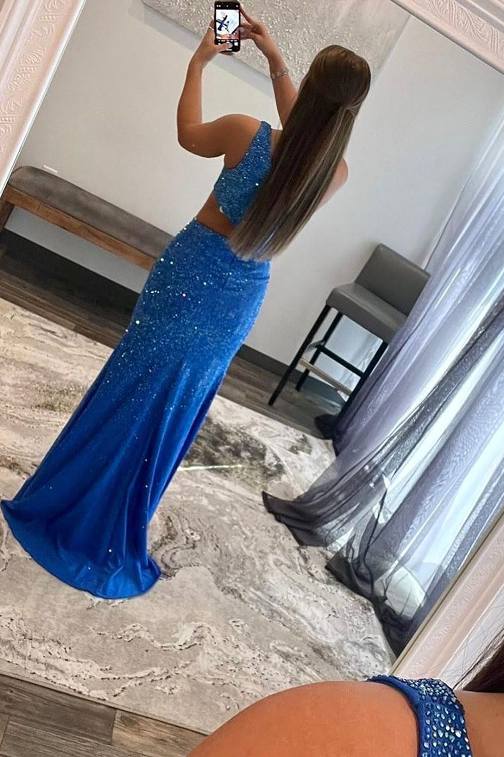 Royal Blue Hollow Out One Shoulder Long Sheath Prom Dress